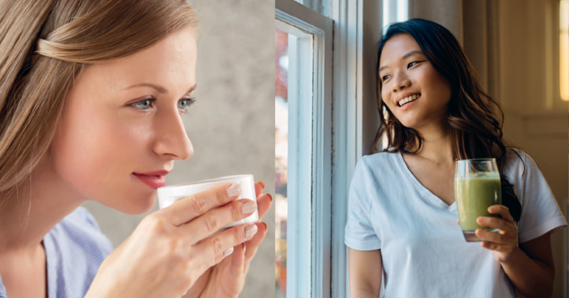 Bildcollage zwei Frauen halten ein Glas mit AquionWasser. Eine Frau davon hält einen grünen Smoothie mit AquionWasser und schaut glücklich aus dem Fenster